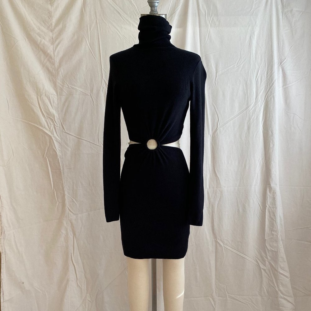 Black knit long sleeve mini turtleneck dress with